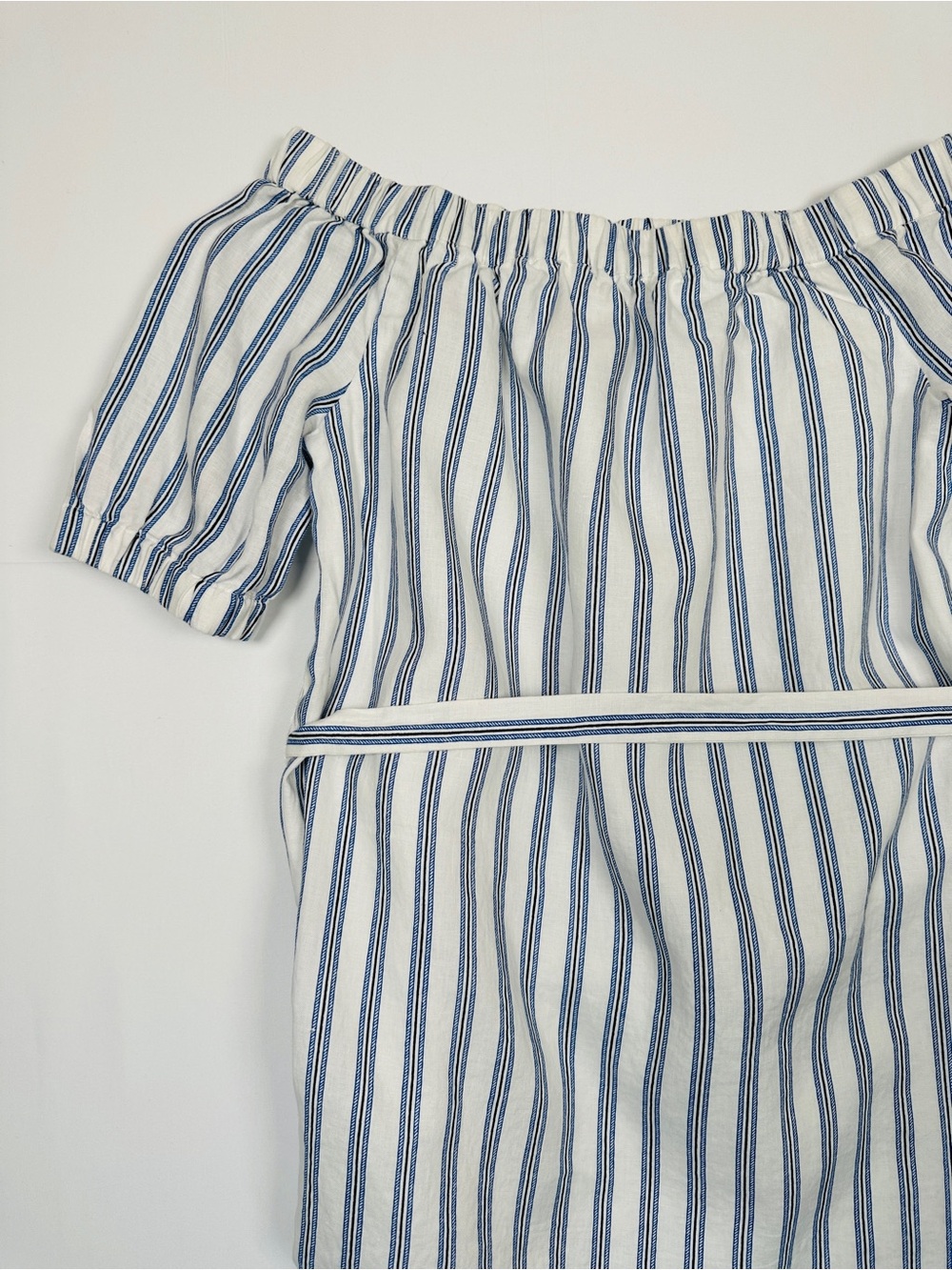 Michael Michael Kors Off Shoulder 100% Linen Mini Dress Blue White Stripe Size M - Picture 8 of 8